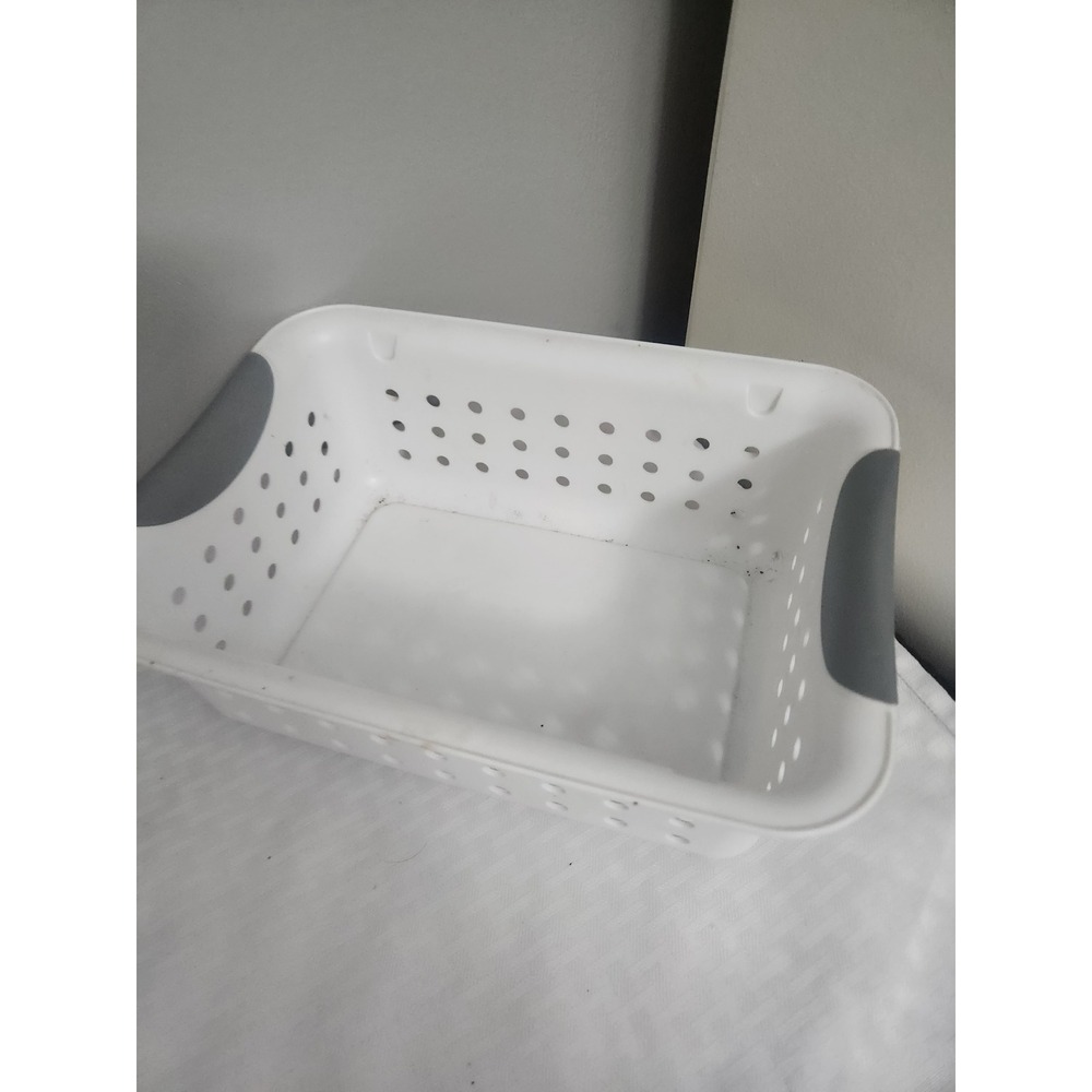 White Plastic Storage Basket with Gray Soft Grip Handles Perforated Organizer
